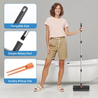 Brosse de nettoyage de sol robuste pliable à long manche, poils rigides, fonction raclette, design pince, essorage pliable, gris