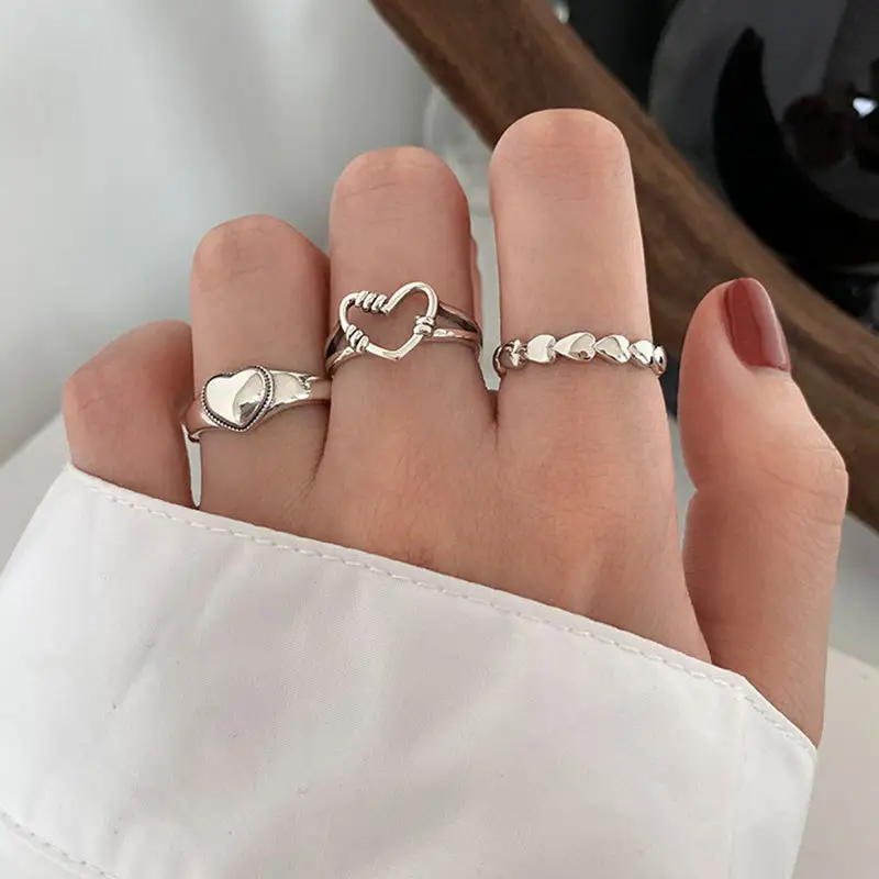 Wholesale Simple Fashion Jewelry Plated Silver Ring Adjustable Beautiful Heart Woman Rings