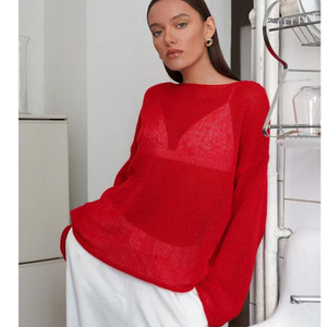 Women's Hollow-out Knit <b>Top</b> Loose Fit Mesh Round Neck <b>Sheer</b> Thin Sweater Waist-cinching Style Xs S M L Xl Xxl Xxxl - Product Image 2