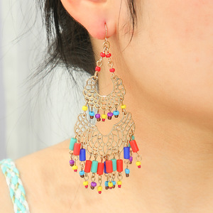 Bohemian Tassel Earrings Gold Plated Alloy Women's Party Fashion Dangle Jewelry <b>Colorful</b> <b>Beaded</b> Chandelier Style - Product Image 2