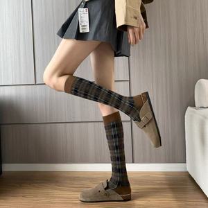 Calcetines hasta la rodilla a cuadros para mujer, termoabsorbentes, de fibra de poliéster, color café, negro, burdeos, W2684 - Product Image 2