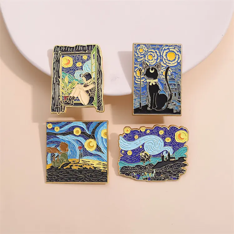 Série de pintura a óleo de Van Gogh emblema de metal broche de arte criativa roupas versáteis pequenos acessórios