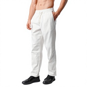 Men's <b>White</b> Cotton Mid Weight Front Logo Sweatpants Elastic Waist Drawstring Pockets Regular Fit Winter Solid Color Joggers - Product Image 1