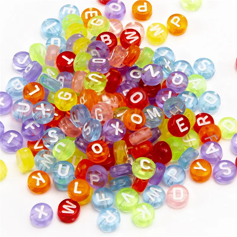 AR1028 Wholesale 4x7mm Flat Round Transparent Plastic Beads Colorful Acrylic Single Letter Alphabet Beads For Jewelry Making