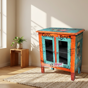 Reclaimed Wooden <b>Poster</b> Hand Painted Kitchen Cabinet Living Room Storage Cabinet with 2Glass <b>Door</b> Handcrafted For Hotel Interior - Product Image 4