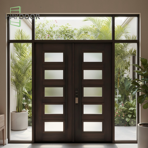 Porta in Legno Stile Francese con Vetro ad Arco Superiore <span class=keywords><strong>e</strong></span> Doppi Pannelli Laterali per Case, Porta d'Ingresso in Legno Massello di Quercia <span class=keywords><strong>e</strong></span> Mogano - Product Image 5