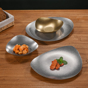 Plato <span class=keywords><strong>de</strong></span> Cena Irregular <span class=keywords><strong>de</strong></span> Acero Inoxidable Vintage, Plato para Barbacoa <span class=keywords><strong>de</strong></span> Comida Occidental al Aire Libre, Plato Dorado Vintage para Postre - Product Image 1