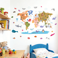 Novedad: Adhesivos de Pared de PVC Impermeables y Removibles con Impresión UV Ecológica para Habitaciones Infantiles, Mapa del Mundo Educativo, Dibujos Animados de Animales