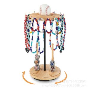 Wooden Rotating Necklace Holder Baseball Rack With Rings And Medals Display Stand For Jewelry Accessories - Product Image 1