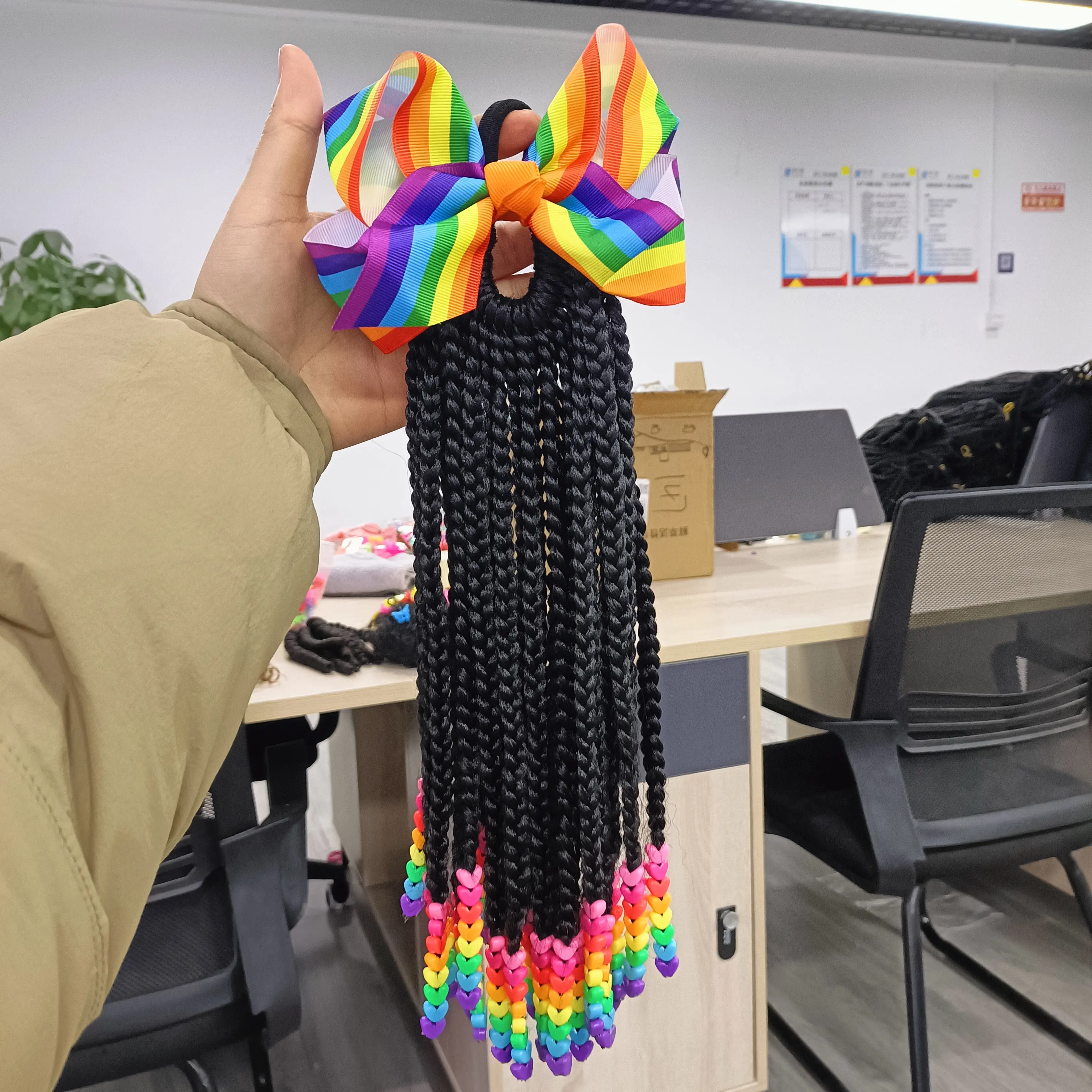 Fujia gökkuşağı boncuk ile 10 inç kutu örgü tails rainbow renkli papyon Cornrow örgüler çocuklar için bebek kız moda saç stilleri