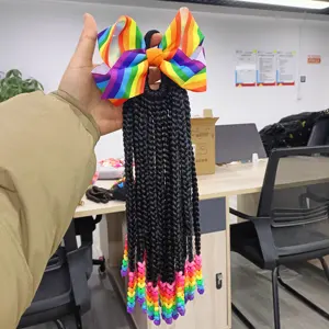 Fujia 10inch box braid ponytails with rainbow beads colorful bow tie Cornrow Braids for kids baby girl fashion hair styles