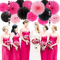Décorations de fête rose vif pour filles et femmes, pompons en papier rose vif et noir, éventails en papier, lanternes pour fête nuptiale, mariage, anniversaire