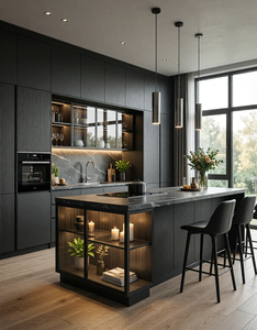 Set Completo di Mobili da Cucina in Melamina Nera Stile Europeo OPPEIN con Isola per Progetti di Villa - Product Image 2
