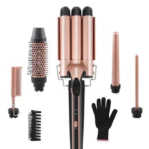 Professional Salon Hair Straightener Comb 5 In 1 Curl Waver Wand Curling Iron Triple Rotating 3 Barrel Hair Curler