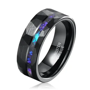 Manufacturer Competitive Price 8mm Hammered Tungsten Carbide Ring Inlay Opal for Men Fashion Wedding Band Black Rings Jewelry
