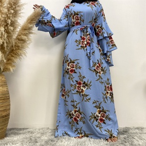 9071# Summer Spring Crew Neck Three Layers Tiered Sleeves Pretty Colorful Flowers Print Casual Dress Muslim Women Dress - Product Image 4