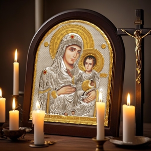 Produttore vendite dirette impeccabile perfetta vergine maria icona d'argento del bambino ornamenti in legno artigianato religioso in metallo appeso a parete - Product Image 3