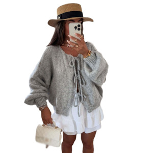 Suéter Cárdigan de Mujer con Cuello Redondo y Lazo, Color Sólido, Estilo Simple, para Otoño e Invierno - Product Image 3