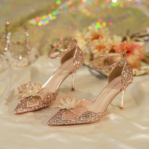 Zapatos de Novia con Punta en Pico, Tacón de Aguja, Correa en el Tobillo, Decoración Floral, Forro de Satén, Tacón Súper Alto de 8cm, Tendencia de Moda - Product Image 1