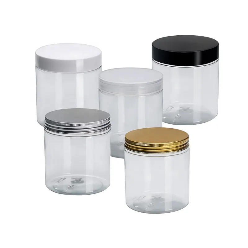 Pots transparents vides en plastique pour cosmétiques, nettoyage du corps, bocaux avec couvercles en aluminium pour animaux de compagnie