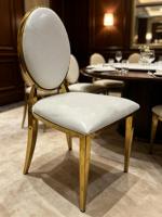 Chaise de banquet ovale dorée avec dossier, en similicuir blanc, en acier inoxydable poli, pour mariage, hôtel, restaurant, salle à manger