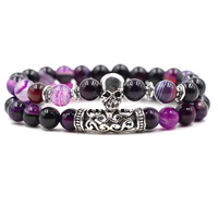 Bracelet personnalisé en perles d'agate violette naturelle de 8 mm pour homme, tendance, avec breloques en argent en forme de tête de lion, hibou, Bouddha – Idéal comme cadeau