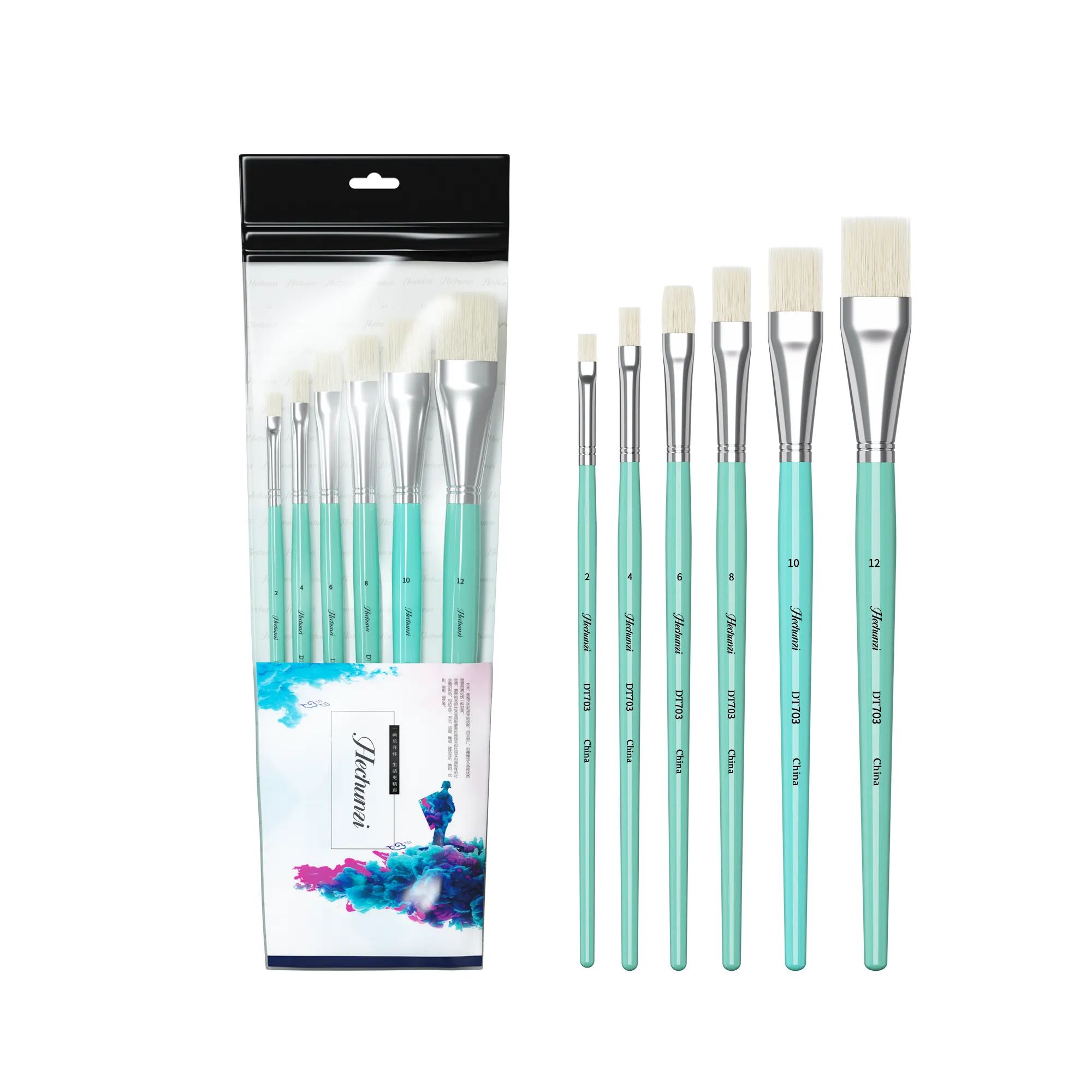 Hechunzi Art Supplies 6 pcs/set High Quality Goat Hair Paint Brush Watercolour Artist Brushes Flat Brush