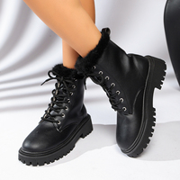 Bottines d'hiver pour femmes avec col en fourrure, lacets, plateforme épaisse, semelle à crampons, bout rond, en cuir PU, bottes de neige noires et beiges