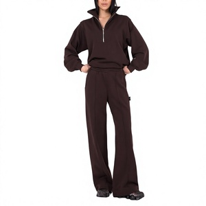 Venta al por mayor directa de fábrica, servicio OEM, logotipo personalizado, sudadera de media cremallera para mujer de 320 GSM 100% algodón y pantalones holgados de pierna ancha. - Product Image 4