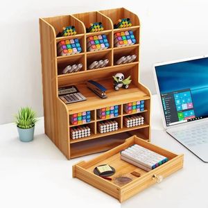 Wooden Desktop Storage Rack <b>6</b> Tier Multi Compartment Pen Holder Stationery Organizer Office Desk Organizer <b>Drawer</b> With Tray - Product Image 1