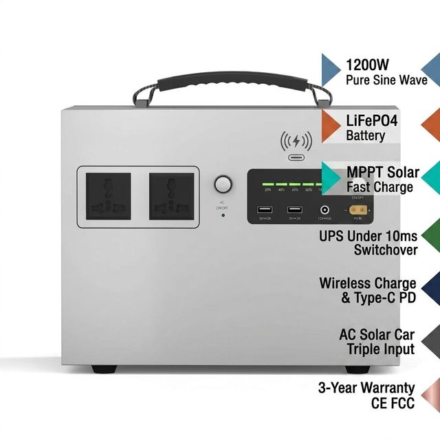 D1200 1200W Portable Power Station LiFePO4 Pure Sine Wave MPPT UPS Solar Generator Fast Charge for Home RV Emergency