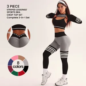 Conjunto Deportivo de 3 Piezas para Mujer, Sujetador Deportivo con Espalda en V, Leggings, Traje de Yoga para <span class=keywords><strong>Gimnasio</strong></span>, Correr al Aire Libre, Entrenamiento, Leggings de Manga Larga, Traje Elástico - Product Image 1