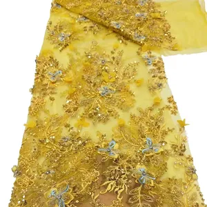 Einzigartiges gelbes spitzen französisches gewebe handgefertigte stickerei grüne perlen spitze hochzeitskleid für Dudai lady paillettenstoff abendkleid