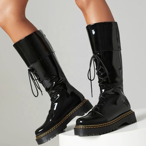 Large Size 48 Women Flat Lace up Knee High <b>Boots</b> Knight Round Toe Long Booties Wide Fit Zipper Patent Shoes - Product Image 1