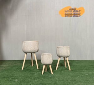 Embossed Standing Flower Planter with Wooden Legs, Indoor Outdoor Home Garden Decor Wholesale, <b>Plant</b> Pot Set of 3 - Product Image 5