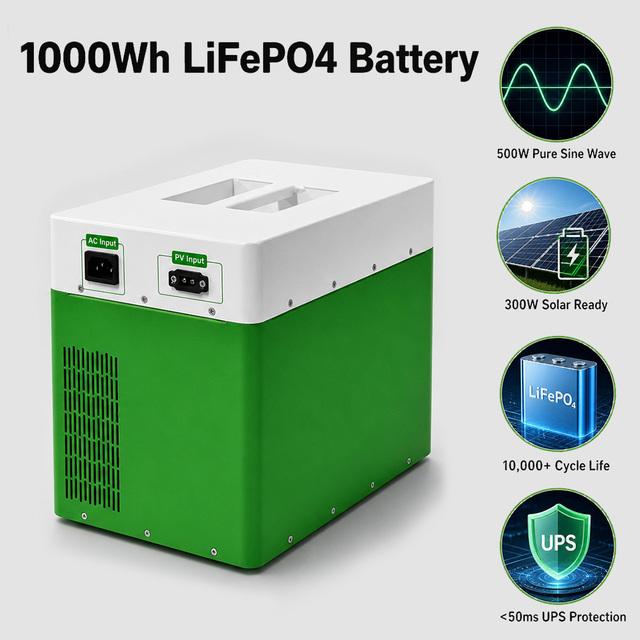 US 1000Wh 500W Portable Power Station LiFePO4 Battery Solar Generator MPPT Controller 110V AC Output Pure Sine Wave Type C Home