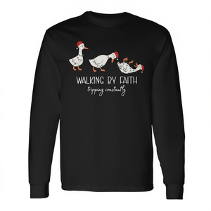 Walking By Faith Tripping Constantly Bible Christmas Goose Camiseta de manga larga para adultos, unisex, cuello redondo, impresión digital - Product Image 3