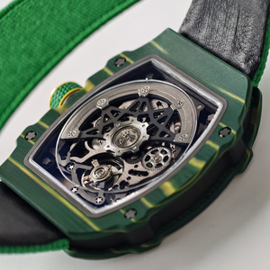 นาฬิกาข้อมือผู้ชายระดับพรีเมียม ตัวเรือนคาร์บอนไฟเบอร์สีเขียว โครโนกราฟ หน้าปัดโปร่งใส ระบบอัตโนมัติ สายผ้าสีเขียว นาฬิกาข้อมือสำหรับผู้บริหาร - Product Image 5