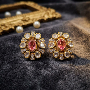 Pendientes de tuerca florales Kundan Polki, diseño geométrico vintage de moda, engaste de rubí, aleación de zinc, pendientes Huggie étnicos para mujer - Product Image 4