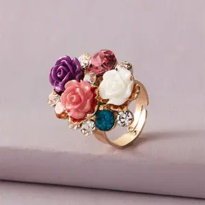 批发时尚可调戒指手指饰品大水钻树脂玫瑰花水晶钻石戒指女士设计