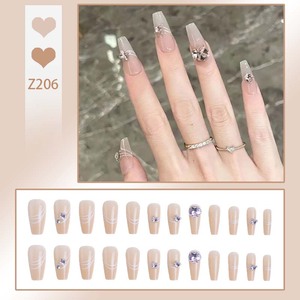 Faux ongles à presser nude, forme cercueil, taille moyenne, avec strass brillants et ligne blanche, finition brillante, réutilisables, à coller, pour usage quotidien et soirées - Product Image 2