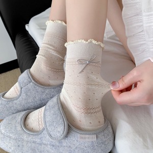 ถุงเท้ายาวครึ่งน่องระบายอากาศได้ดีสำหรับผู้หญิง แต่งขอบลูกไม้โบว์หวานสไตล์ญี่ปุ่น สีพื้น ผลิตจากเส้นใยโพลีเอสเตอร์ สำหรับวัยรุ่น - Product Image 2