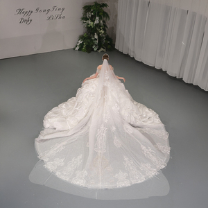 Robe de mariée de luxe moderne Gt134 avec appliques en dentelle, jupe en tulle plissée et bouffante, traîne longue de chapelle, longueur ras du sol - Product Image 3