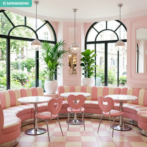 Vintage American Diner Seating <b>Set</b> Pink PU Booth Bench Chrome Base Round Table Metal Swivel Bar Stool For Ice Cream Restaurant - Product Image 1