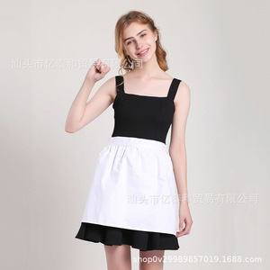 White Apron Women Woven Solid Color Short Restaurant Bar Uniform Maid Dress Style - Product Image 1