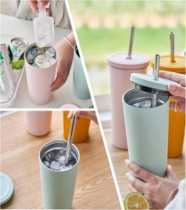 Gobelet isotherme en acier inoxydable de 500 ml/17 oz avec paille et couvercle, tasse à café glacé sous vide avec paille - Product Image 6