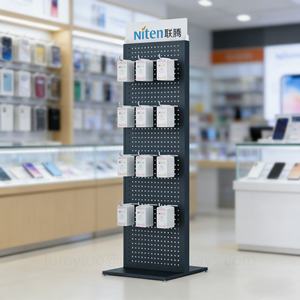 Support d'affichage de téléphone portable en métal double face flexible avec panneaux perforés et crochets, étagères de sol - Product Image 1