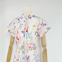 Robe élégante à col montant manches courtes taille haute bouton épissé robe mi-longue femme nouveau