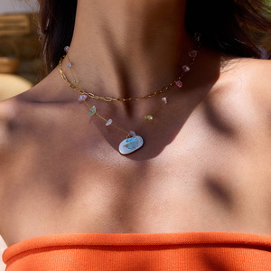 Collar de acero inoxidable de doble capa con piedras de colores y colgante ovalado para mujer, joyería de moda. - Product Image 4