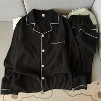 Pakaian Tidur Pria Cloud Cotton, Celana Panjang Lengan Panjang Musim Semi/Gugur, Set Pakaian Rumah Longgar Ukuran Besar Hitam Sederhana